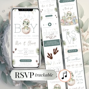 Peut inclure: Une invitation numérique pour une baby shower avec un bébé dinosaure sortant d'un œuf. L'invitation comprend la date, l'heure et le lieu, ainsi que les informations RSVP et une tombola de couches. Le design est dans des tons verts et blancs doux.