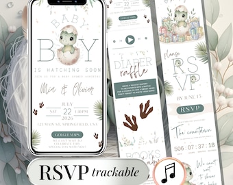 Dinosaur Baby Shower Invitation Baby Boy – Hatching Soon Dino Baby Invite – Digital Baby Shower with RSVP Tracker – Editable Canva Template