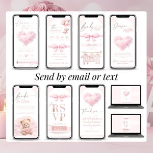 Send baby shower digital invitation by text or email, pink baby girl Canva invitation with RSVP online and mobile-friendly format
