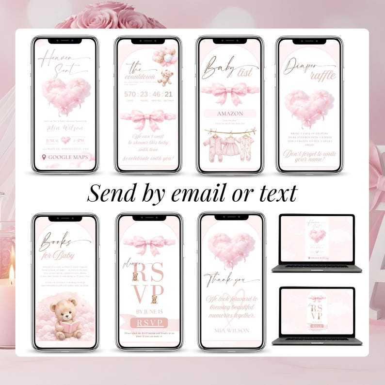 Send baby shower digital invitation by text or email, pink baby girl Canva invitation with RSVP online and mobile-friendly format