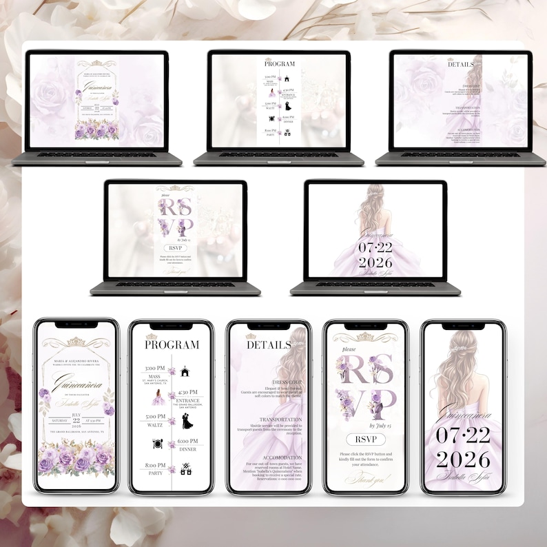 Purple Quinceañera Digital Invitation - Editable Mis Quince Años Template with RSVP Trackable Online