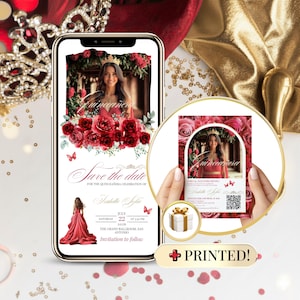 Quinceañera Save the Date Digital Red Floral  + FREE Printed Invitation –  Modèle Canva 5x7 avec QR Code pour Anniversaire 15 ans Fille