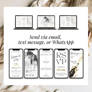 Engagement party digital invitation sent via email, text message and WhatsApp, Canva invitation website displayed on smartphones for easy guest sharing.