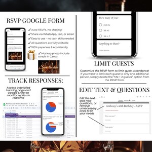 Editable 40th Birthday Digital Invitation for Men – Whiskey Theme Party Invite with Google Form RSVP. Track responses in real time with Google Sheets, limit guest attendance, and edit text or questions easily. Modern online birthday card customizable in Canva, perfect for milestone celebrations like 40th, 50th or 60th birthdays. Instant download digital invitation with interactive RSVP, share by SMS, WhatsApp or email.