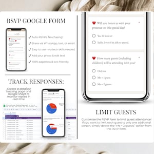 RSVP Google Form for digital wedding invitations with guest tracking, response limits, and Google Sheets integration. Easily customize questions, limit number of attendees, and monitor real-time replies. Mobile-friendly design allows guests to RSVP via phone, email, or WhatsApp. Ideal for modern weddings, stress-free RSVP management, and eco-friendly planning. No tech skills required.