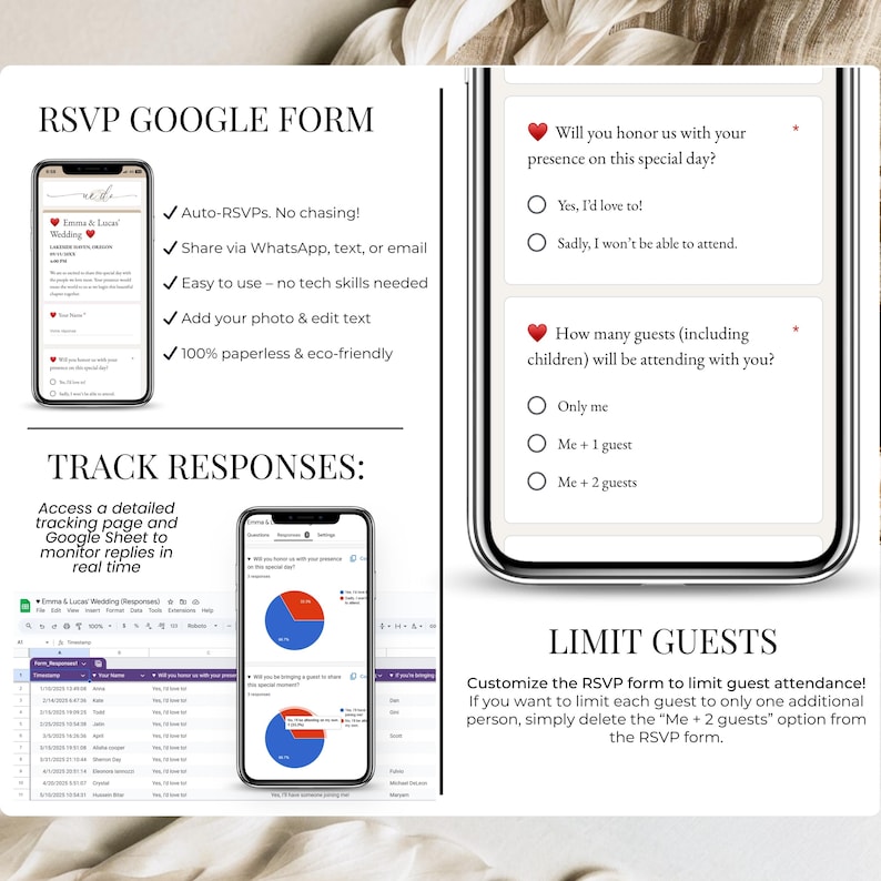 RSVP Google Form for digital wedding invitations with guest tracking, response limits, and Google Sheets integration. Easily customize questions, limit number of attendees, and monitor real-time replies. Mobile-friendly design allows guests to RSVP via phone, email, or WhatsApp. Ideal for modern weddings, stress-free RSVP management, and eco-friendly planning. No tech skills required.