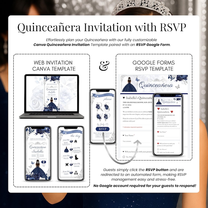 Navy blue Quinceañera digital invitation with RSVP Google Form. Includes customizable Canva web template and matching RSVP form for sweet 16 or Mis Quince Años. Guests RSVP online with no Google account required. Elegant design shown on laptop and mobile screens, perfect for 15th birthday digital party invite. Track responses easily for a stress-free event planning experience.