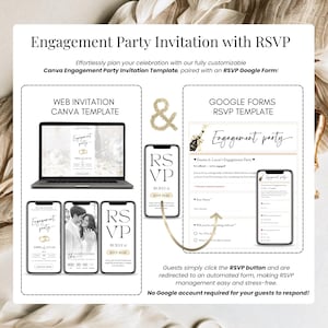 Engagement party digital invitation mockup showing RSVP online feature, Canva editable invitation website, black and gold design, Google Form RSVP integration, modern engagement party invite displayed on mobile phone.