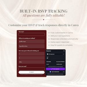 Burgundy wedding RSVP form beside Canva response dashboard showing guest answers. Editable digital wedding invitation with built-in RSVP tracking, customizable questions, automatic response collection and guest response export.