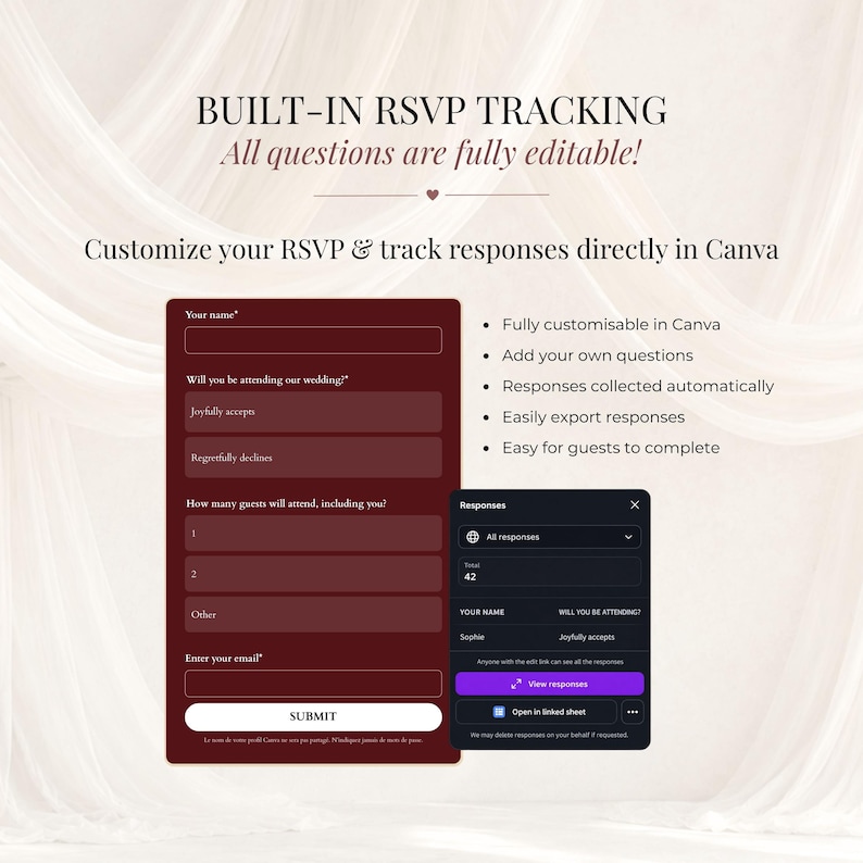 Burgundy wedding RSVP form beside Canva response dashboard showing guest answers. Editable digital wedding invitation with built-in RSVP tracking, customizable questions, automatic response collection and guest response export.