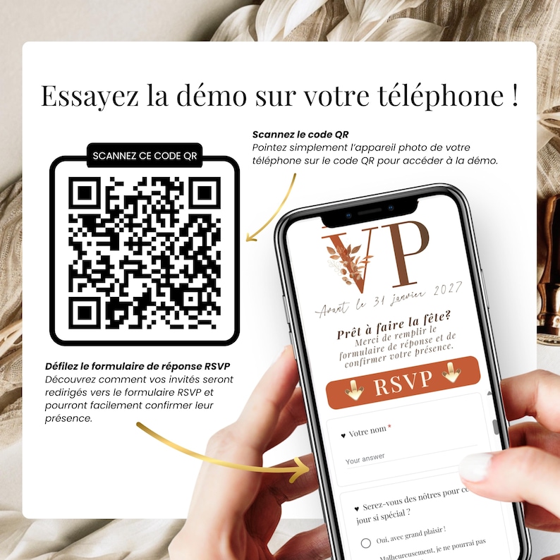 Invitation mariage digitale avec QR code de démonstration, faire-part numérique terracotta testé sur téléphone avant envoi