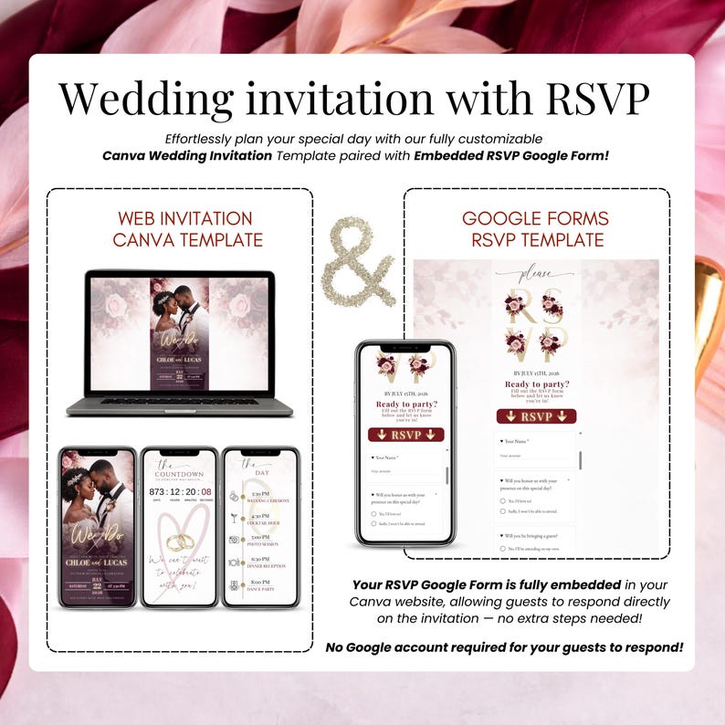 Wedding invitation with RSVP Canva website template preview showing full mobile pages, burgundy floral wedding design, and digital wedding invite layout with RSVP button