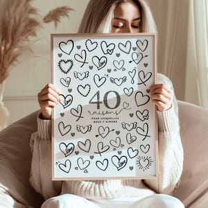 Idée Cadeau Anniversaire 40 Ans Femme - Affiche 40 Raisons Pourquoi Nous T'Aimons - Poster Personnalisable avec Mots d'Amour à Imprimer