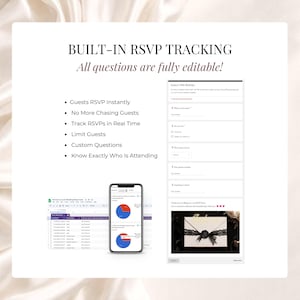 Birthday invitation with built-in RSVP tracking and editable Google Form for guest responses. Elegant black white and gold digital birthday invite for 30th, 40th, 50th or any age party, with customizable RSVP questions and Canva template.