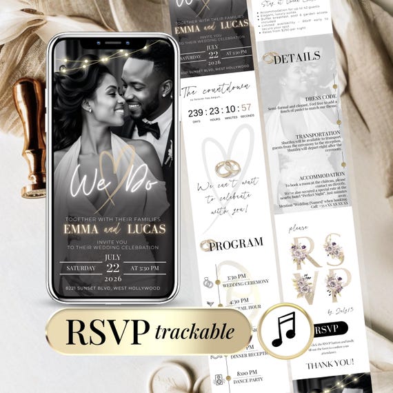 Invitation de Mariage Numérique avec RSVP et Compte à Rebours, Digital Wedding Invitation with RSVP Page & Countdown | Modèle Canva Éditable