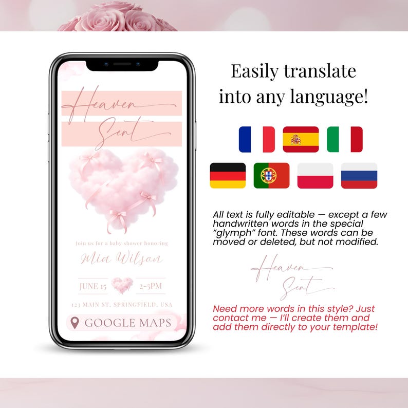 Translate baby shower digital invitation into any language, pink heaven sent baby girl Canva template with RSVP online