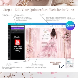 以下が含まれることがあります： Canvaのチュートリアル画像で、Quincea&ntilde;eraのウェブサイトを編集します。画像には、ピンクのドレスのイラスト、テキスト、YouTubeのリンクが表示されたウェブサイトのデザインが示されています。写真、テキスト、背景の編集方法が含まれています。Canvaのロゴが表示されています。