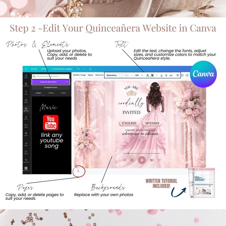 以下が含まれることがあります： Canvaのチュートリアル画像で、Quincea&ntilde;eraのウェブサイトを編集します。画像には、ピンクのドレスのイラスト、テキスト、YouTubeのリンクが表示されたウェブサイトのデザインが示されています。写真、テキスト、背景の編集方法が含まれています。Canvaのロゴが表示されています。