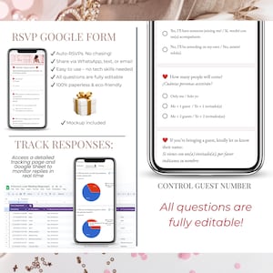 以下が含まれることがあります： スマートフォンに表示されたデジタル RSVP Google フォーム テンプレート。ゲストの回答オプションがあります。自動 RSVP、簡単な共有、編集可能な質問が含まれています。ギフトボックスのモックアップも表示されています。