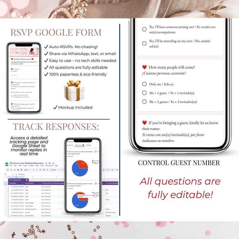 以下が含まれることがあります： スマートフォンに表示されたデジタル RSVP Google フォーム テンプレート。ゲストの回答オプションがあります。自動 RSVP、簡単な共有、編集可能な質問が含まれています。ギフトボックスのモックアップも表示されています。