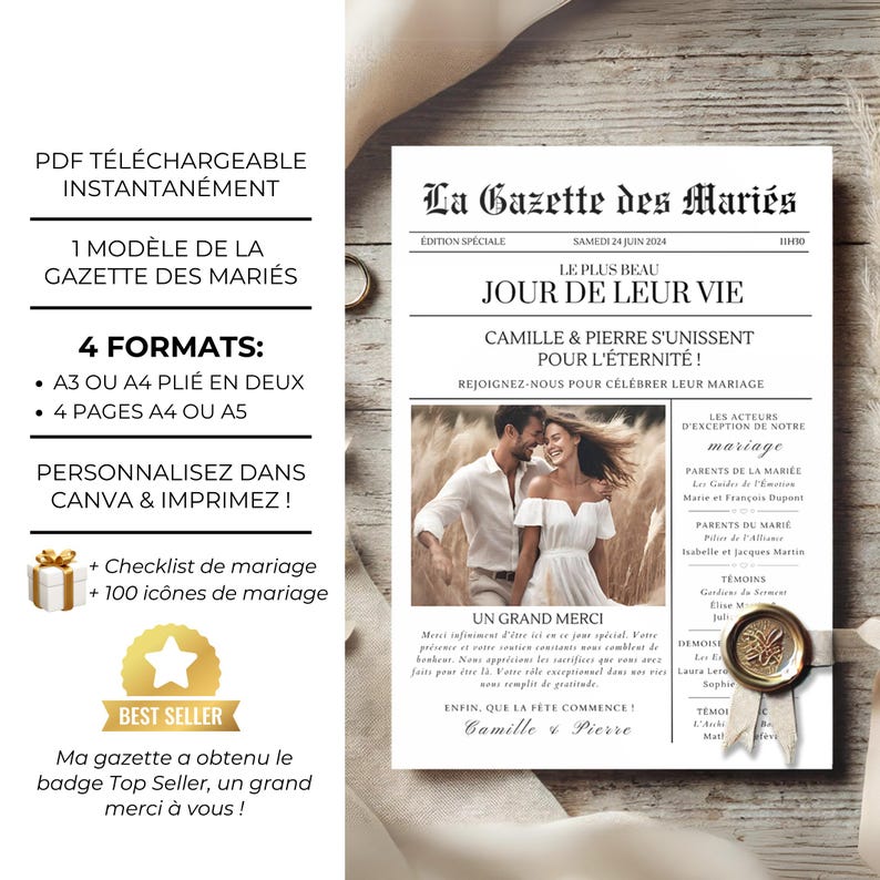 Gazette des Mariés Modèle Faire Part Mariage Template Canva Invitation Mariage Personnalisable Journal Mariage Modèle Canva A3 et A4