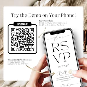 RSVP demo for digital wedding invitation with QR code. Smartphone screen shows RSVP form with "Please RSVP by July 15" message. Hand holding phone, pointing to clickable RSVP button. Scan QR code to try demo on your phone. Perfect for digital weddings, online RSVP tracking, and paperless wedding planning. Easy setup with Canva and Google Forms. Modern and mobile-friendly invitation solution.