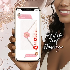 Quinceañera video invitation sent by text message on smartphone, pink blush envelope with wax seal animation, digital invitation preview in chat conversation, modern paperless Sweet 16 invite, Canva editable MP4 invitation for WhatsApp or SMS sharing
