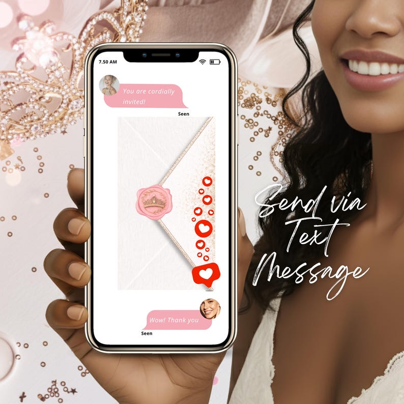 Quinceañera video invitation sent by text message on smartphone, pink blush envelope with wax seal animation, digital invitation preview in chat conversation, modern paperless Sweet 16 invite, Canva editable MP4 invitation for WhatsApp or SMS sharing