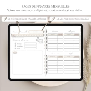 May include: A digital planner page for tracking monthly finances. The page is divided into sections for income, expenses, savings, and debts. Each section has a table with columns for the category and amount. The page also includes a section for notes.