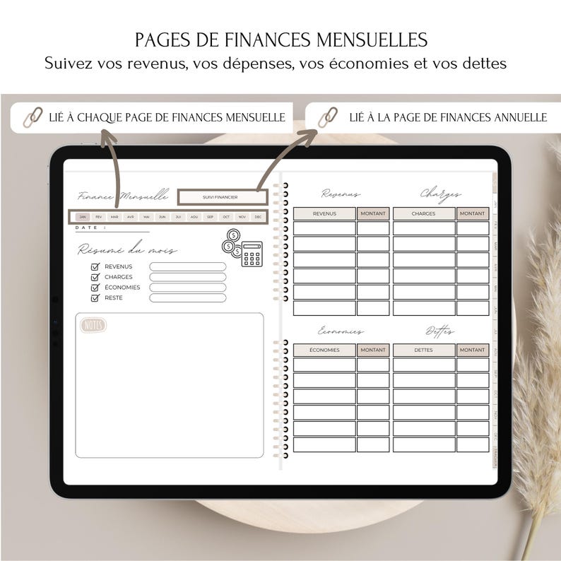 May include: A digital planner page for tracking monthly finances. The page is divided into sections for income, expenses, savings, and debts. Each section has a table with columns for the category and amount. The page also includes a section for notes.