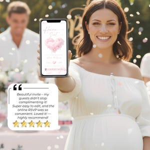 Happy couple showing baby shower digital invitation on phone, pink heaven sent baby girl invite with RSVP tracking and modern design
