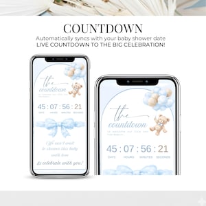 Multiple screen preview of Heaven Sent blue baby shower digital invitation. Editable Canva baby shower invite for baby boy with RSVP tracker and teddy cloud theme.