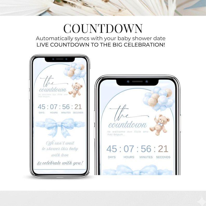 Multiple screen preview of Heaven Sent blue baby shower digital invitation. Editable Canva baby shower invite for baby boy with RSVP tracker and teddy cloud theme.