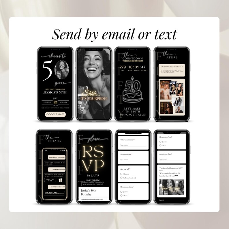 Digital birthday invitation for men and women, featuring a live countdown and an embedded RSVP form. The mobile invitation template also includes music and a modern design for a surprise party.