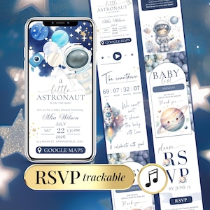 Peut inclure: Un modèle d'invitation numérique pour baby shower sur le thème de l'espace avec un astronaute, des planètes et des étoiles. Le design inclut le texte A little astronaut is on the way, Mia Wilson, 22 juillet 2026 et Google Maps. Un bouton doré RSVP trackable est visible.