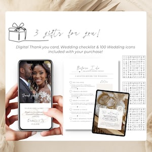 Bonus gifts included with digital wedding invitation purchase: thank you card on smartphone with photo of wedding couple, printable wedding checklist with timeline and planning steps, and 100 wedding icons for Canva. Perfect for modern brides. Includes editable templates to help plan, design, and personalize your wedding easily.