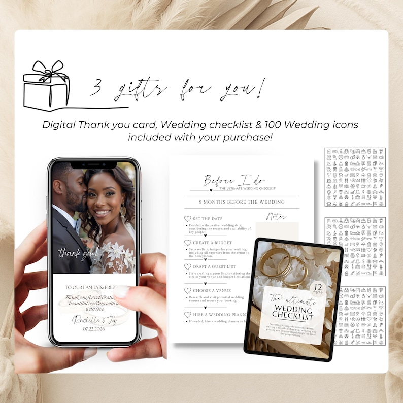 Bonus gifts included with digital wedding invitation purchase: thank you card on smartphone with photo of wedding couple, printable wedding checklist with timeline and planning steps, and 100 wedding icons for Canva. Perfect for modern brides. Includes editable templates to help plan, design, and personalize your wedding easily.