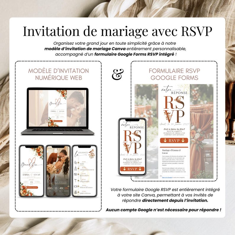 Invitation de mariage numérique terracotta avec RSVP en ligne, faire-part digital élégant éditable sur Canva, design chic et moderne
