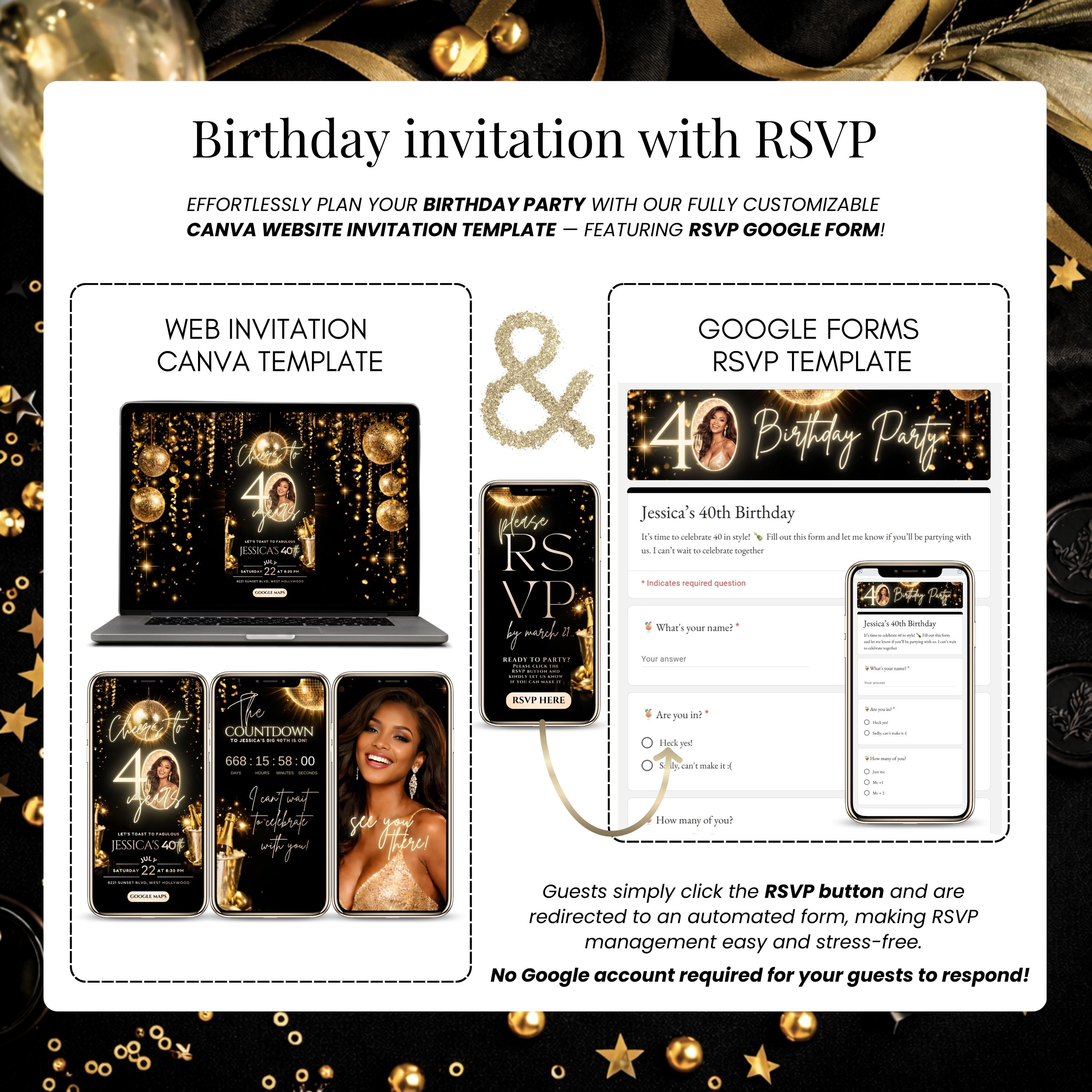 Black Gold Digital Birthday Invitation With RSVP Tracking, Editable ...