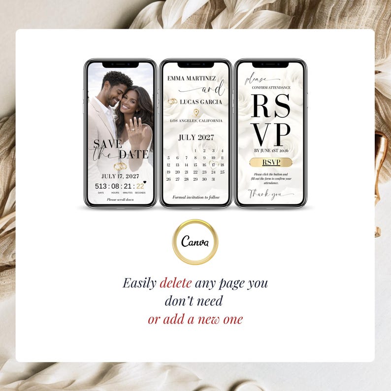 Wedding calendar save the date digital invitation with RSVP link, animated Canva wedding website template, elegant minimalist wedding invite with music and countdown timer, editable online wedding invitation for modern couples