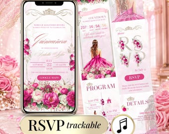 Floral Quinceañera Digital Invitation – Pink Magenta Sweet 16, RSVP Website (Canva Template)