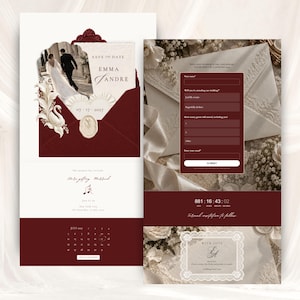 Burgundy wedding website shown in two vertical layouts with ivory lace RSVP form, live countdown, Save the Date envelope, wedding calendar and contact card. Romantic burgundy and ivory digital wedding invitation with RSVP tracking.