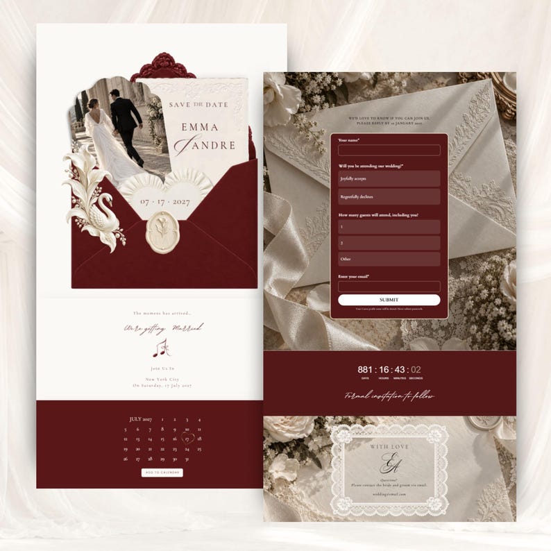 Burgundy wedding website shown in two vertical layouts with ivory lace RSVP form, live countdown, Save the Date envelope, wedding calendar and contact card. Romantic burgundy and ivory digital wedding invitation with RSVP tracking.