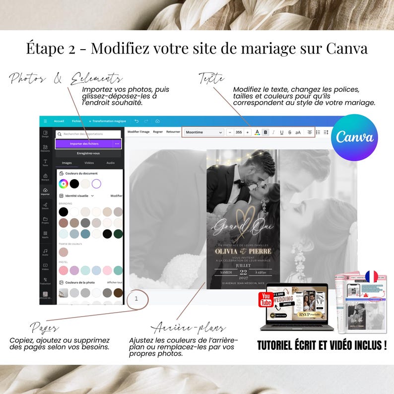 Étape 2 : modification du site d’invitation de mariage dans Canva, aperçu de l’interface Canva, modèles 100 % éditables, tutoriel vidéo inclus.