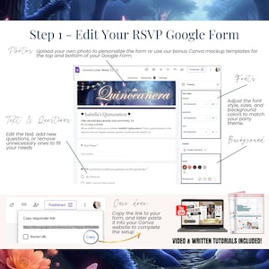 Quinceañera invitation website demo with mobile countdown, navy blue gown, enchanted background and QR code for preview. Canva editable template.