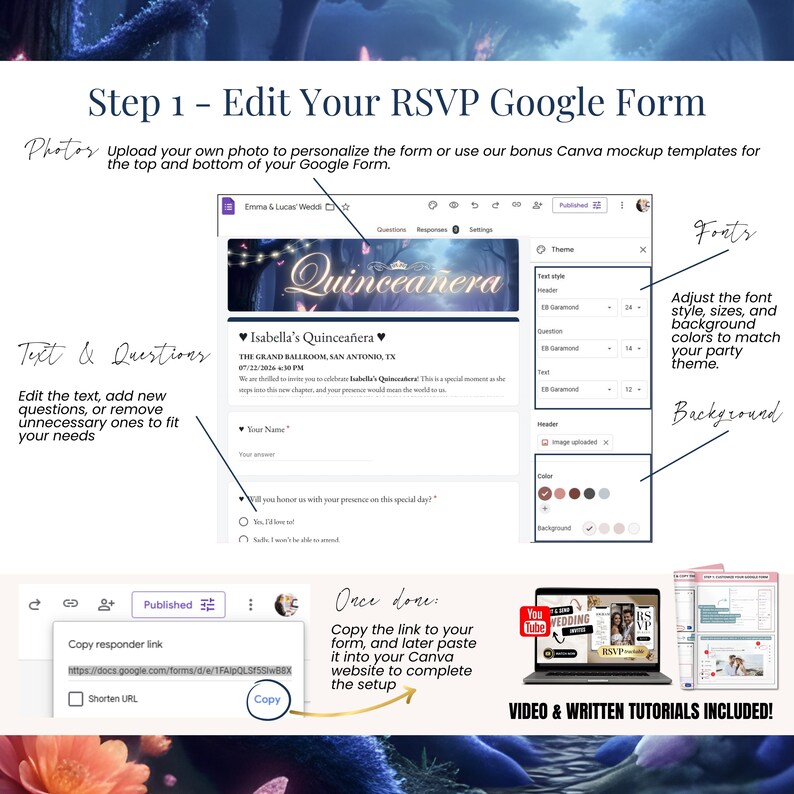 Quinceañera invitation website demo with mobile countdown, navy blue gown, enchanted background and QR code for preview. Canva editable template.