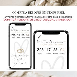 Compte à rebours en temps réel pour mariage, synchronisé automatiquement avec la date du grand jour. Design élégant mobile beige et or, inclus dans l’invitation numérique personnalisable.
