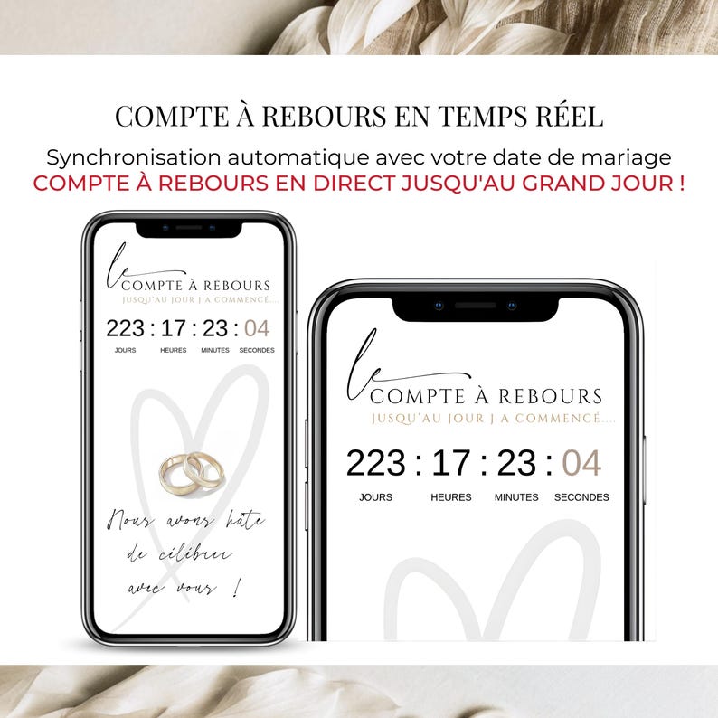 Compte à rebours en temps réel pour mariage, synchronisé automatiquement avec la date du grand jour. Design élégant mobile beige et or, inclus dans l’invitation numérique personnalisable.
