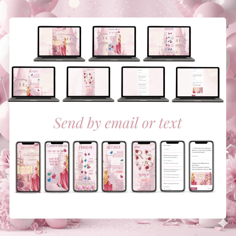 Send your Sleeping Beauty Quinceañera or Sweet 16 invitation by email or text. Editable Canva website template with pink design, RSVP, countdown, and gift wishlist. All-in-one digital invite that looks stunning on phones and computers. Perfect for elegant modern quince party.