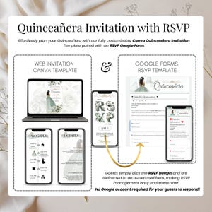 Quinceañera Invitation Set – Sage Green Digital Canva Template with RSVP Form and Tracking – Modern Event Design